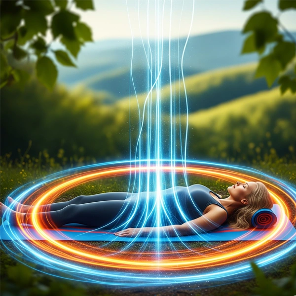 Bir yoga matının üzerinde sırt üstü yatan sarışın bir kadının etrafında mavi ve turuncu renklerde enerji dalgaları