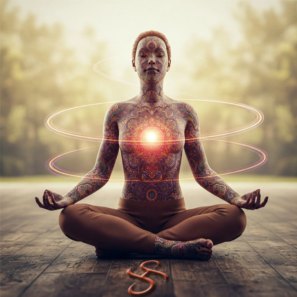 Enerji titreşimleriyle dönüşüm temasını yansıtan yoga yapan kadın çizimi